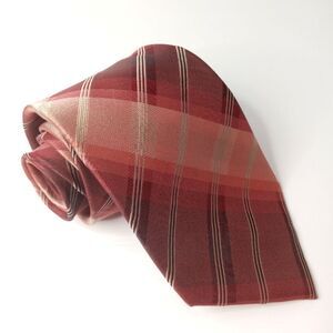 Kenneth Cole Silk Tie Burgundy Peach Plaid Classic Necktie 60"